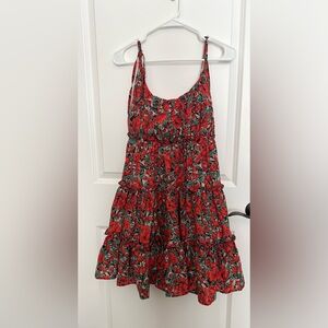 Vibrant red floral tiered mini dress. So cute! Size large.